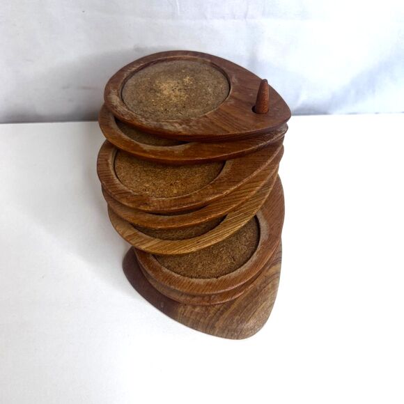 VTG Sere Wooden Cork Coaster Set of 7 w/ Holder MCM Stacked Teardrop Barware - Picture 1 of 16